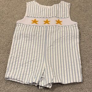 Blue & White Striped Star Smocked Baby One-Piece